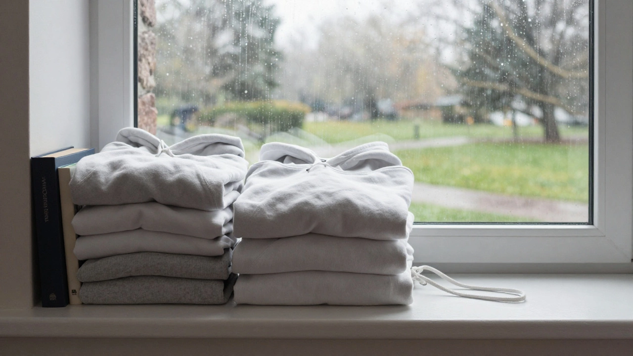 Stacked folded hoodies on a shelf with spare drawstrings, rain visible outside a window.