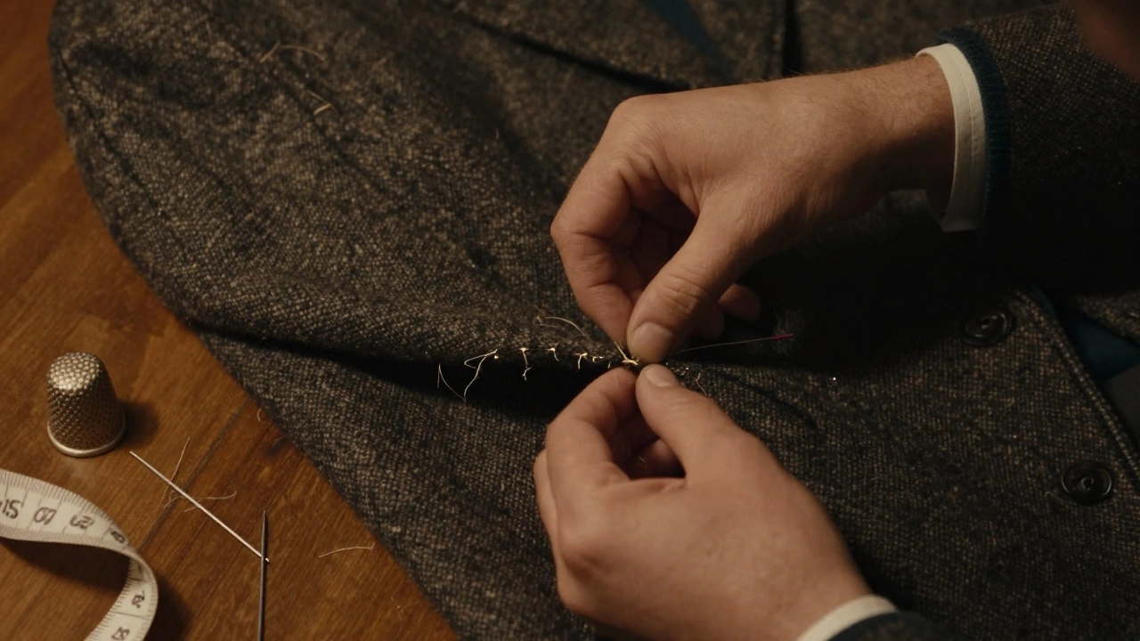 Tailor's hands hand-stitching a buttonhole with visible canvas and threads, warm lamplight.