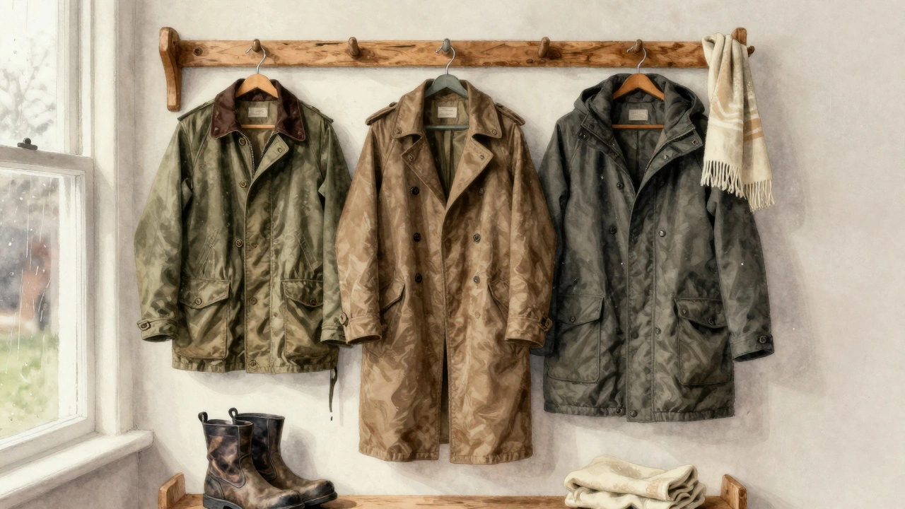 Three classic Irish jackets hanging on a wooden rack with boots and scarf, soft light and rain streaks on window behind.