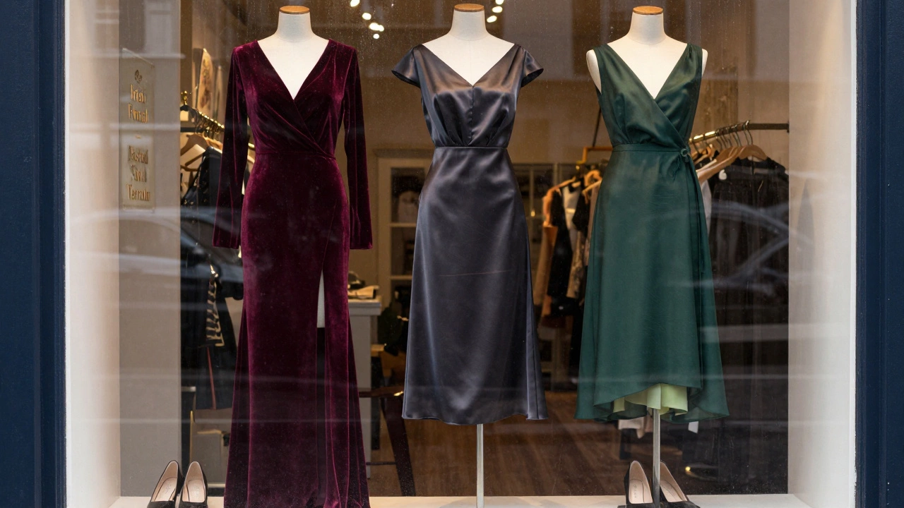 Three Irish-designed evening dresses displayed in a boutique window with practical heels.