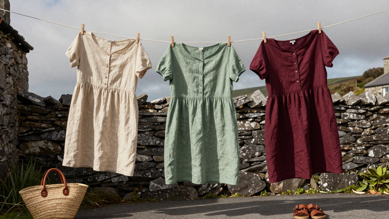 Three Irish-made linen dresses hanging on a clothesline beside a stone cottage, with sandals and bag below.