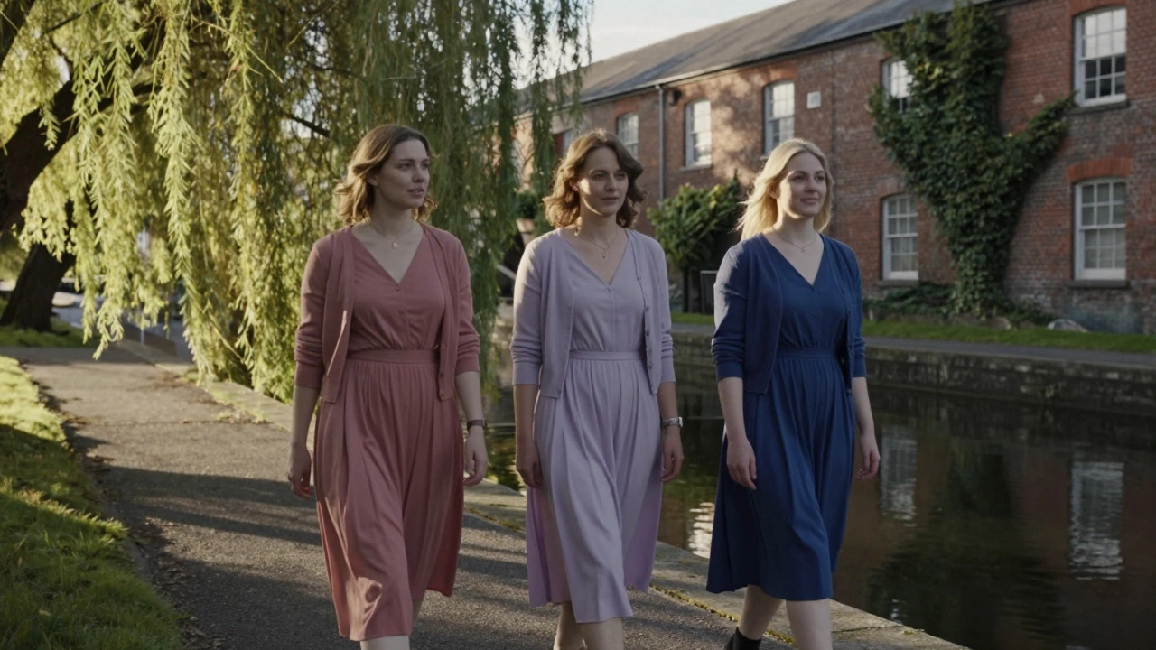 Three Irish women walking along Royal Canal in muted summer dresses, soft light through trees.