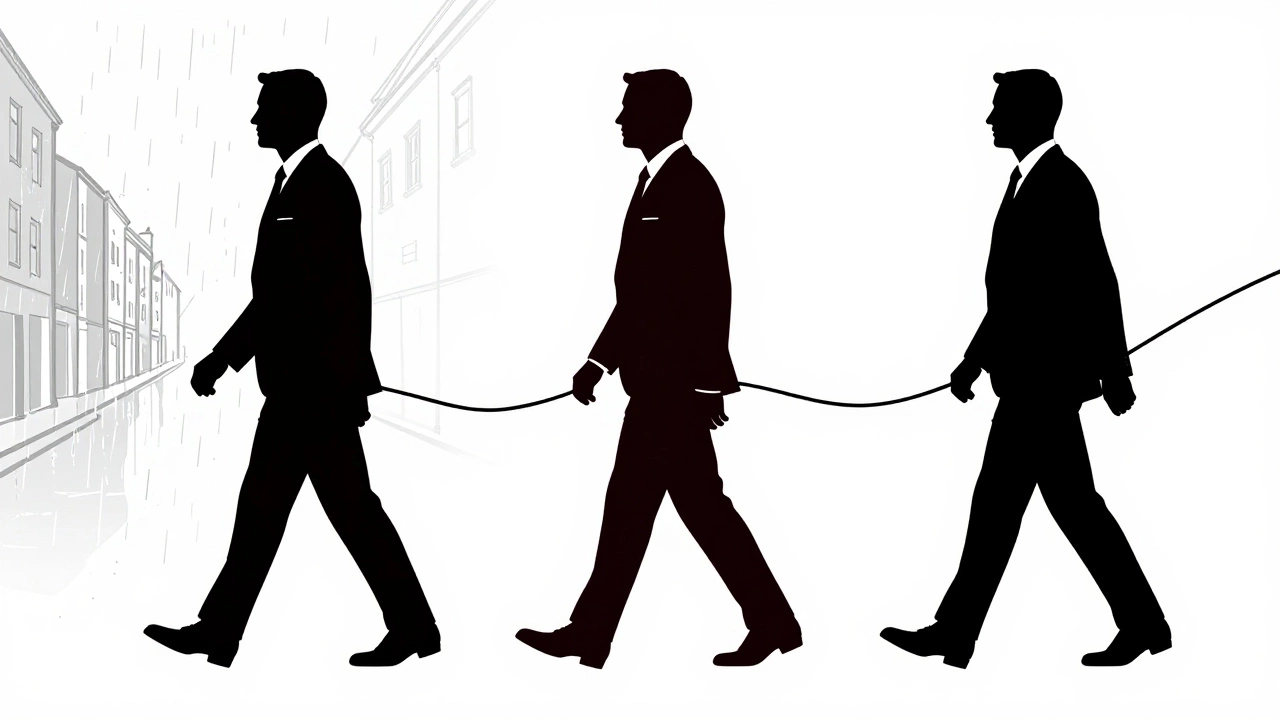 Three minimalist suit silhouettes representing Irish formal contexts: rain, boardroom, funeral, connected by a flowing line.