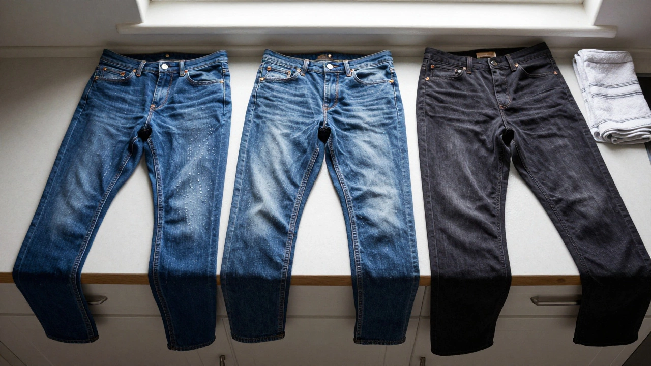Three pairs of jeans on a counter: skinny, jeggings, and straight-leg denim drying in Irish morning light.