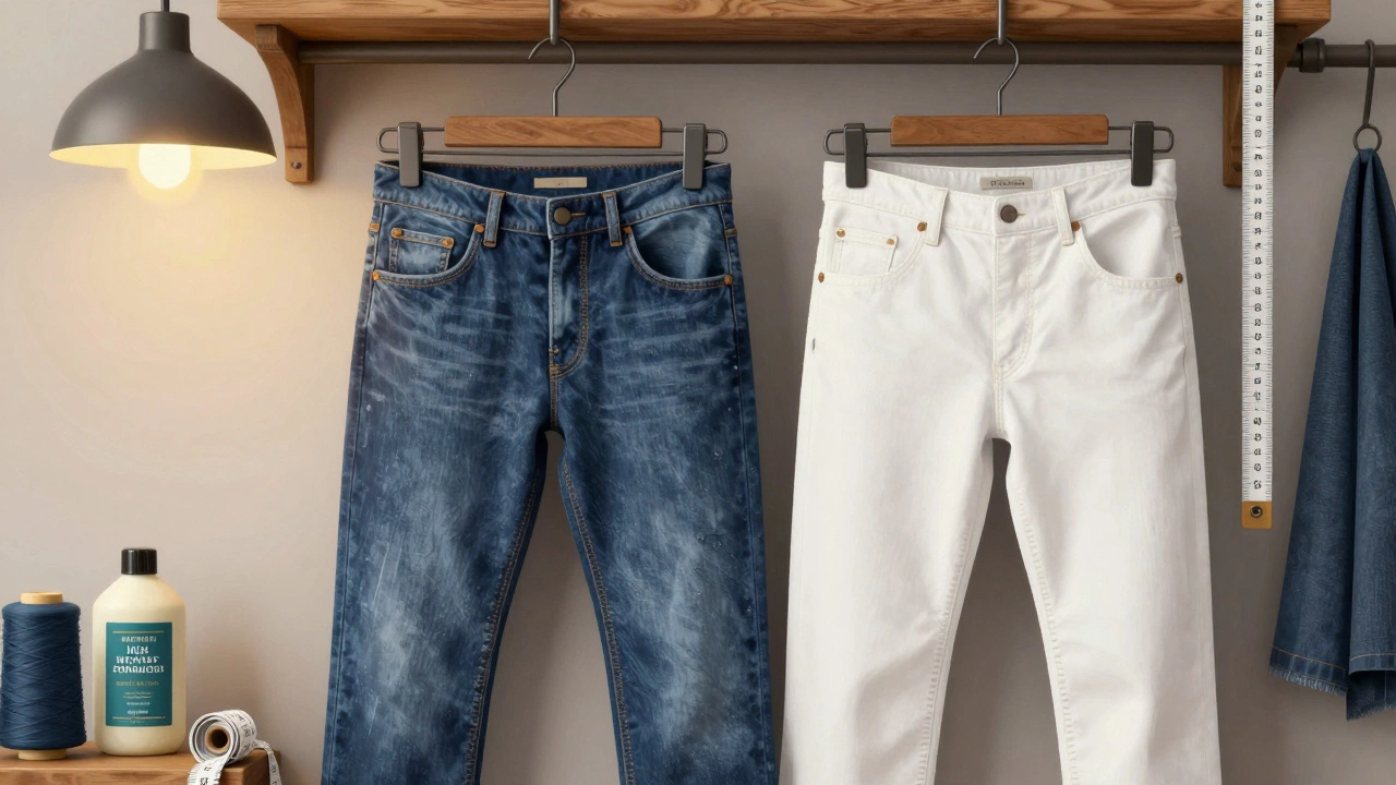 Two pairs of dark denim jeans hanging in a small Irish tailor shop with tools and soap nearby.