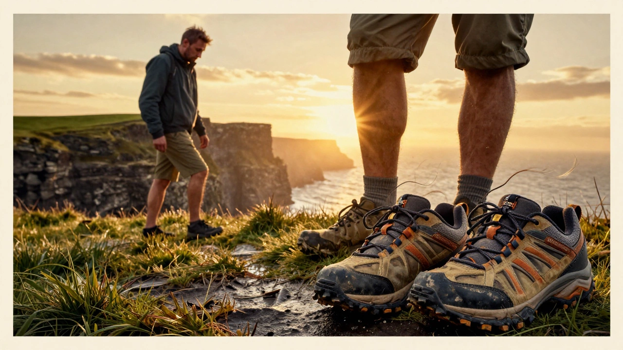 Walker at Cliffs of Moher in worn Hey Dudes versus sturdy Merrell shoes on wet grass at sunset.