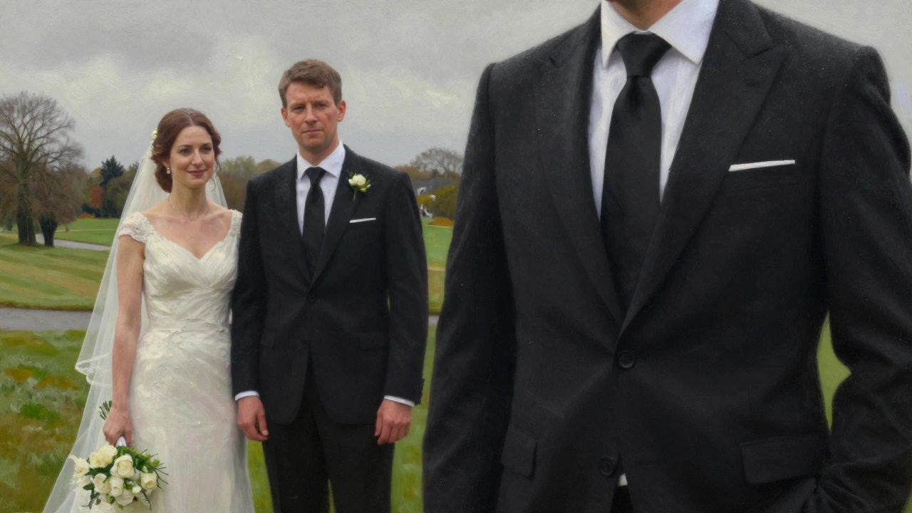 Wedding scene at K Club with two men in black suits — one with a tie, one without — against a rainy lawn.