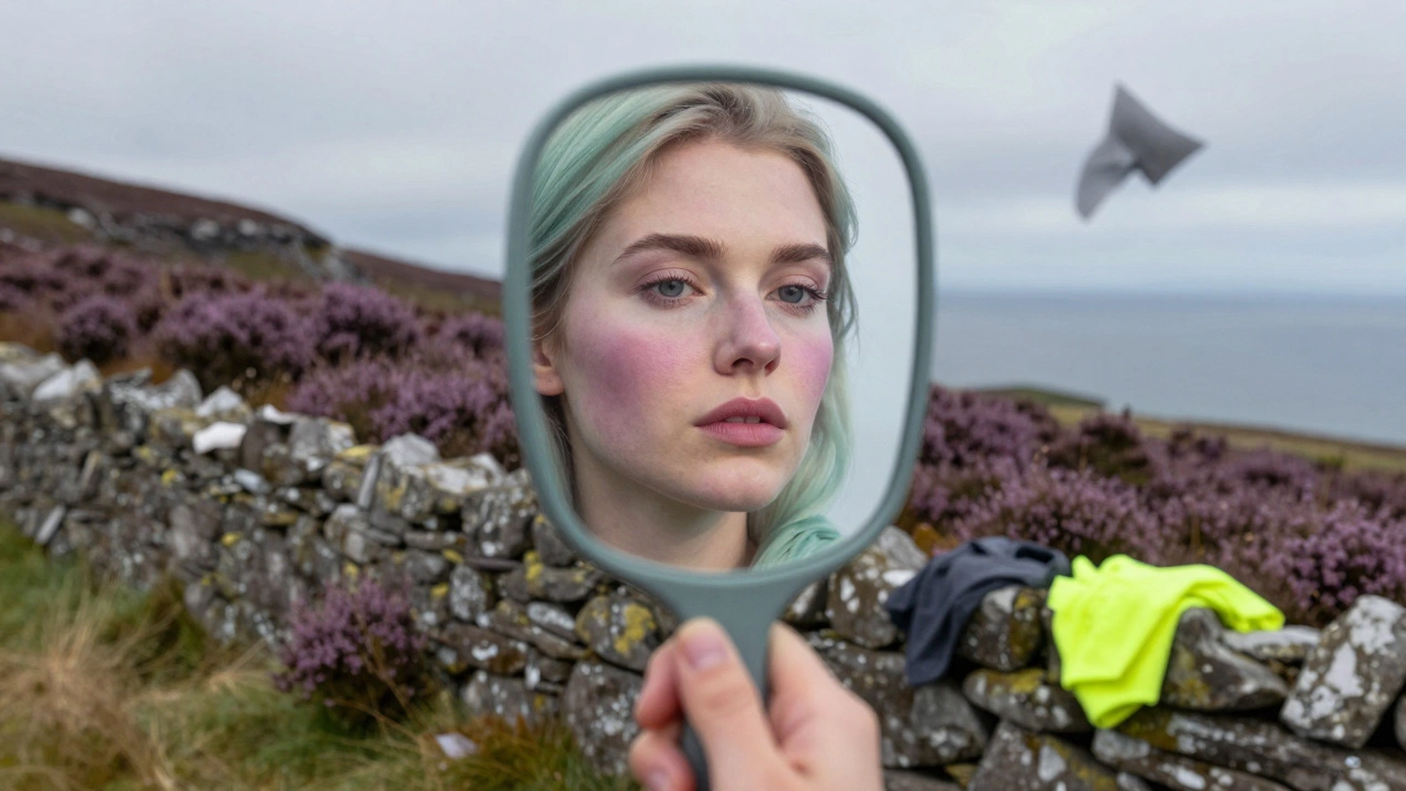 Woman&#039;s face reflected with Irish landscapes, flattering colors glowing, harsh tones fading away.