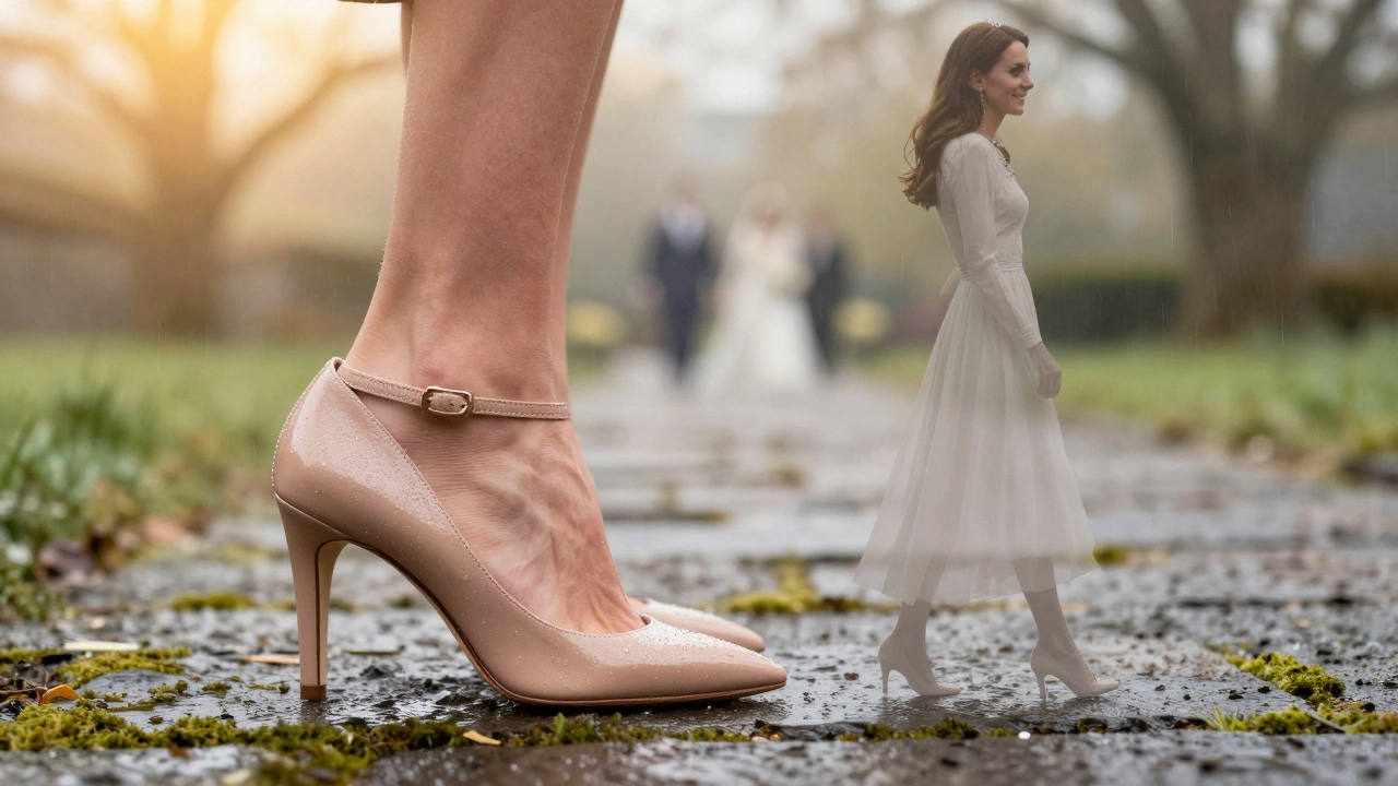Woman&#039;s foot in nude pump stepping on mossy stone path with translucent silhouette of Kate Middleton beside her.