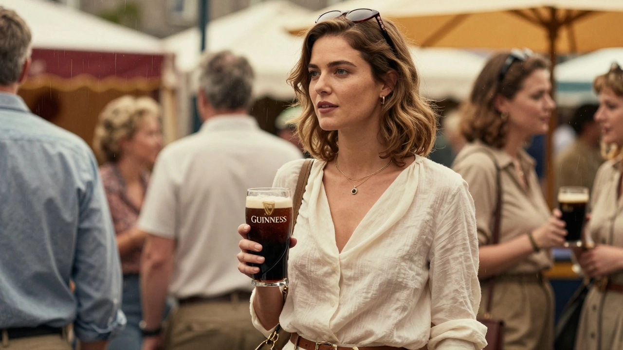 Woman at Galway oyster festival in Tencel blouse, holding Guinness, soft rainy light.
