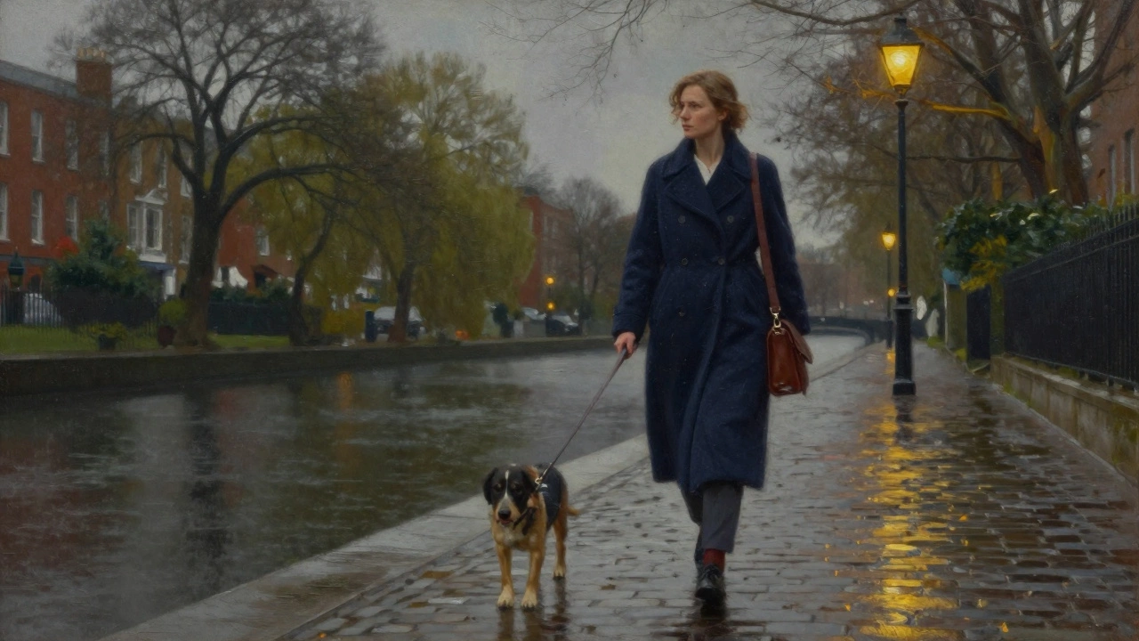 Woman in a navy wool coat walks her dog along a canal in Dublin at dusk, wet cobblestones reflect warm lamplight.