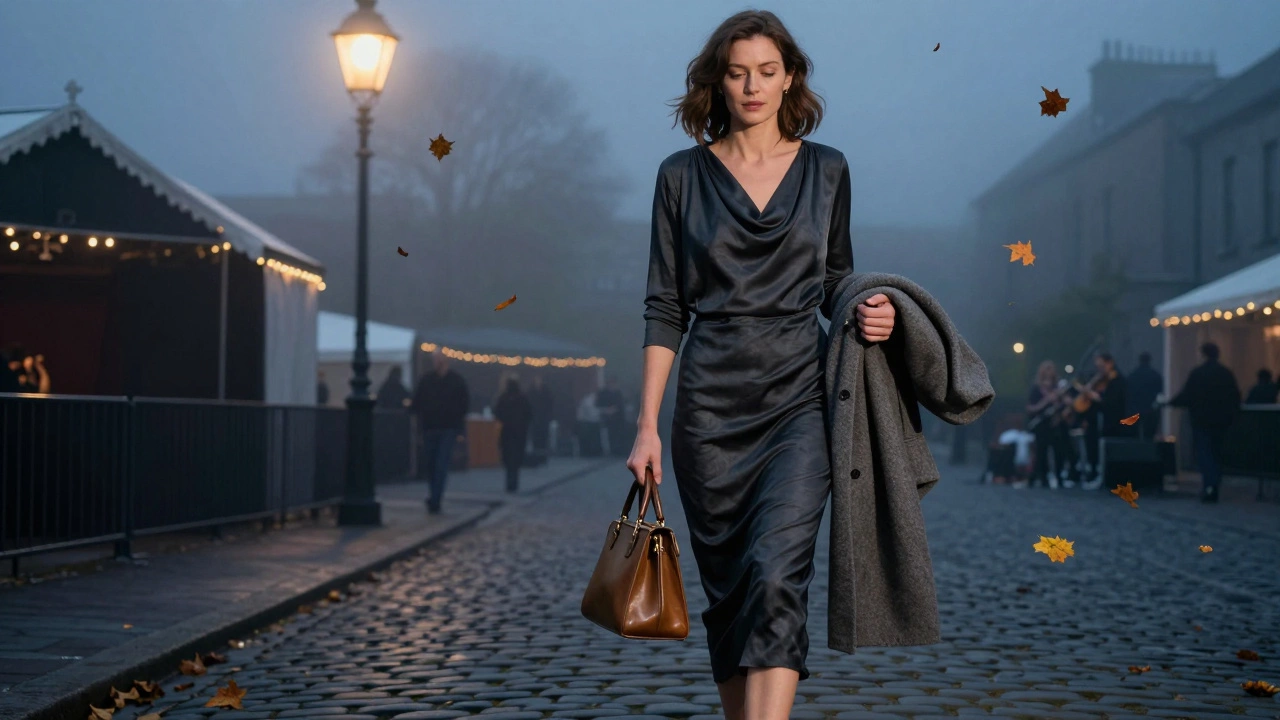 Woman in charcoal silk dress stepping on Galway cobblestones with wool coat and vintage handbag.