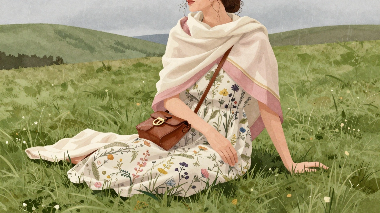 Woman relaxing in Phoenix Park wearing a floral TENCEL™ dress with silk scarf, surrounded by green hills.