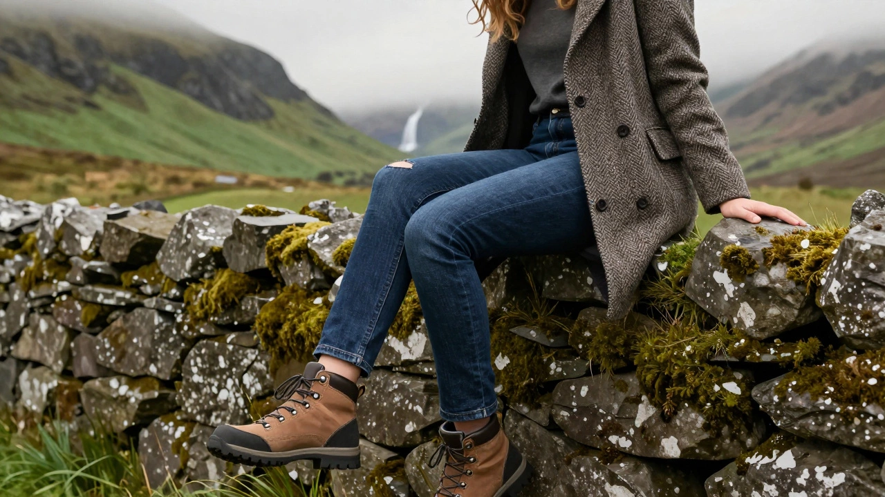 Woman sitting on a stone wall in Glendalough wearing comfortable straight-leg denim and tweed coat.