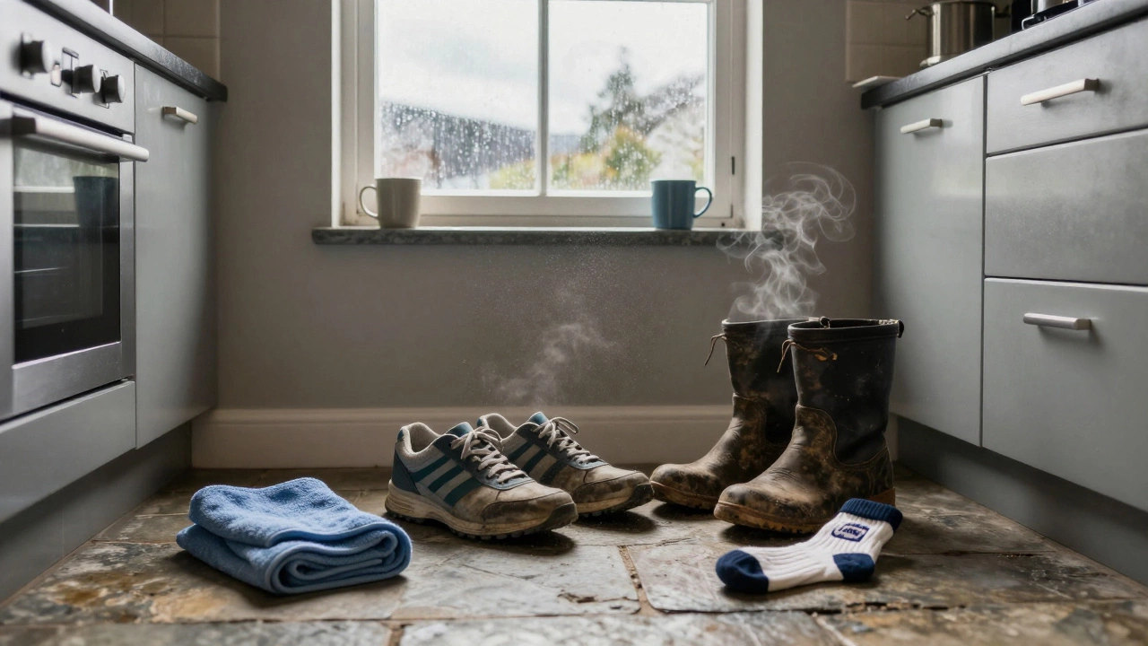 Worn Irish-made trainers on a stone floor beside muddy boots and spare socks indoors.