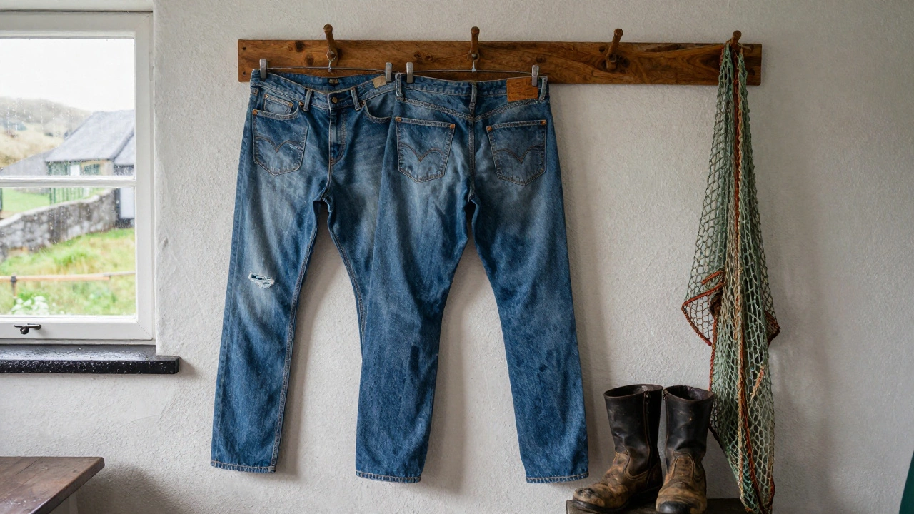 Worn ripped jeans hanging on a rack in a Donegal cottage with work boots and fishing net nearby.