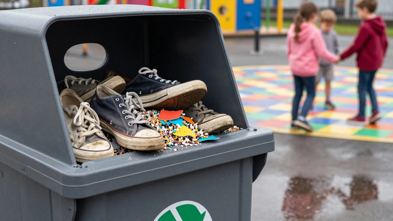 Worn sneakers being recycled into playground tiles at a Dublin drop-off point, with children playing nearby.