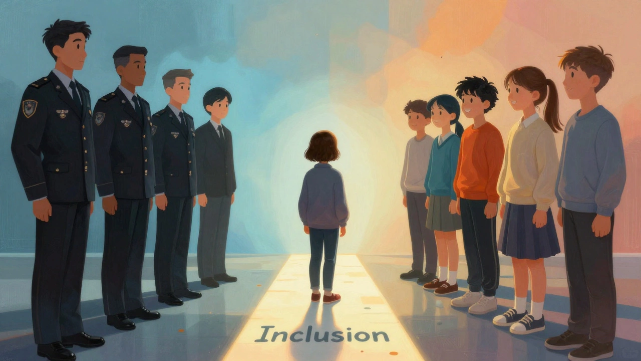 A child standing between rigid uniform rules and inclusive choices, symbolizing belonging and freedom.