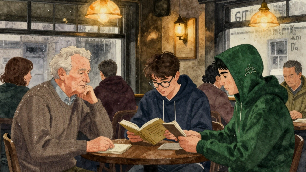 A group of people in a Galway pub, each dressed differently, with one wearing a hoodie with a subtle Celtic detail.