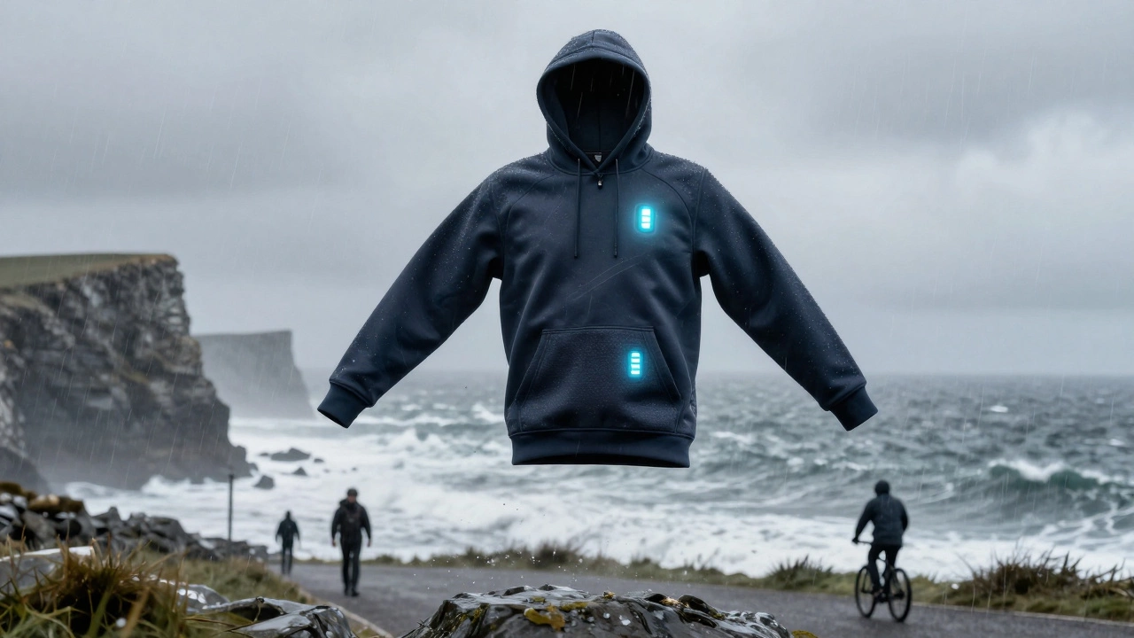 A high-tech hoodie floating above the Wild Atlantic Way, surrounded by wind and rain.