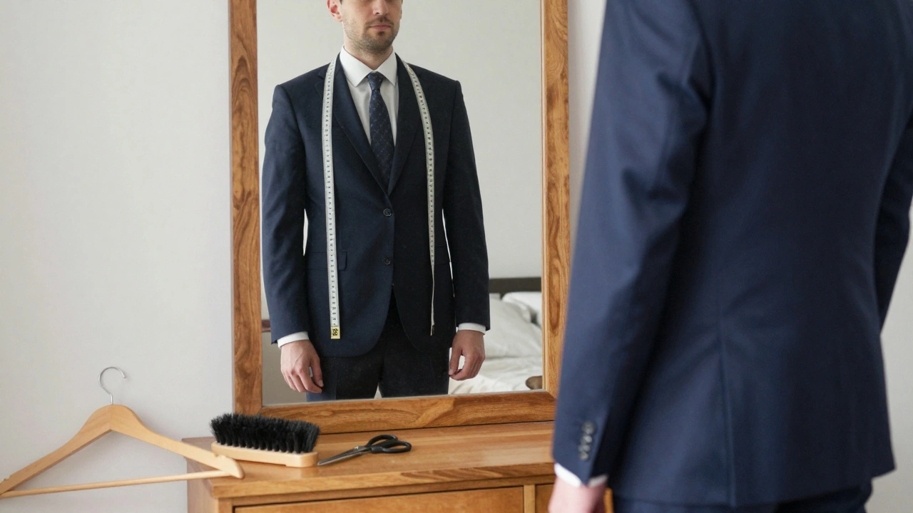 A man checks the fit of his suit in a mirror, tailor’s tape on shoulder, wooden hanger and brush nearby.