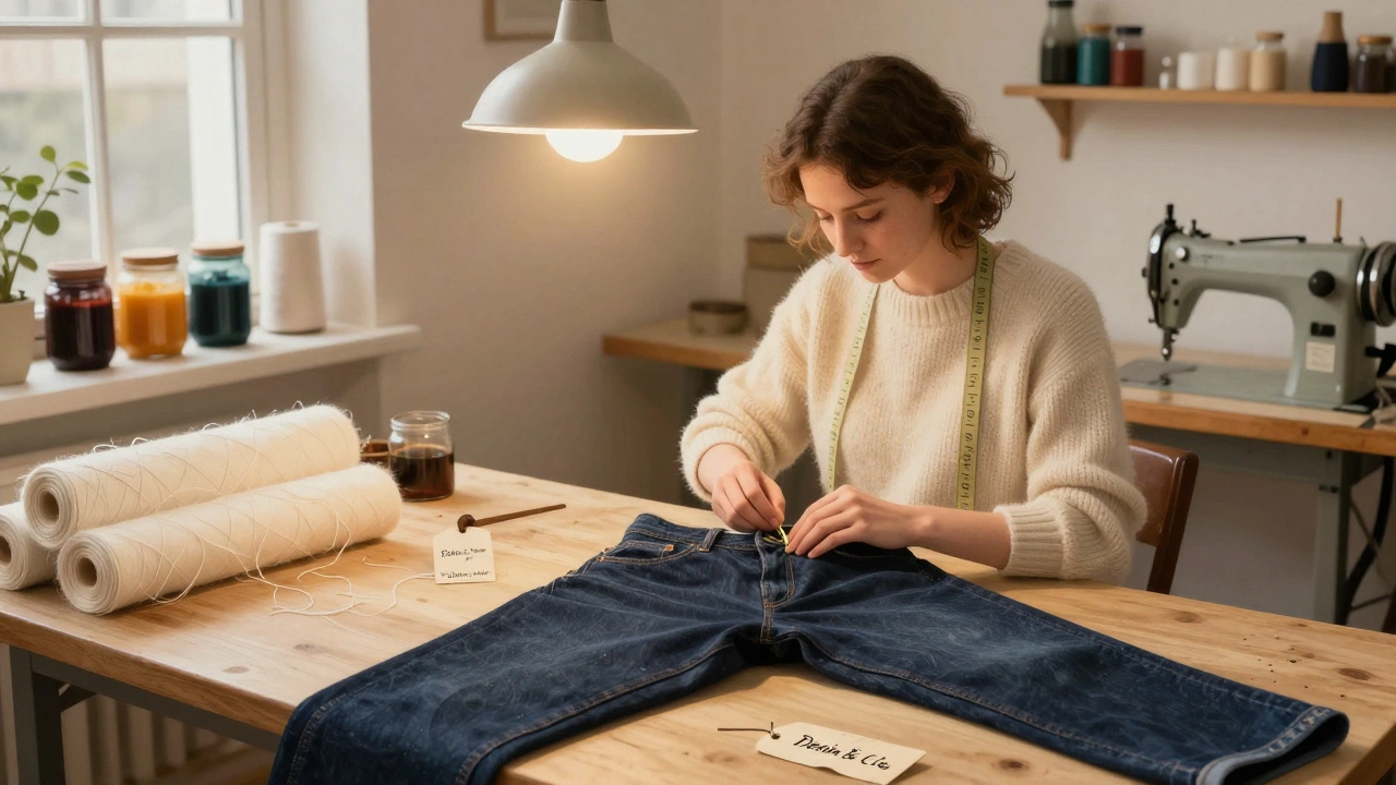 A seamstress hand-stitching dark indigo jeans in a cozy Irish workshop with natural dyes and wooden tools nearby.