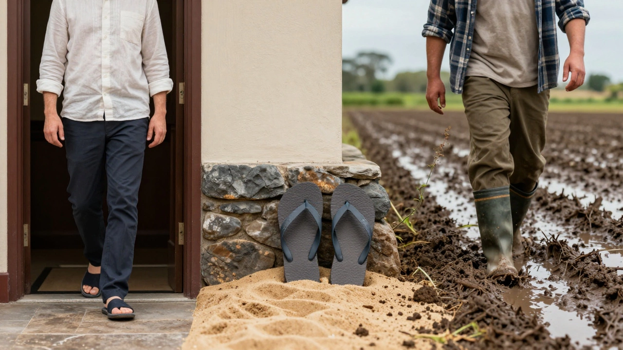 A split image showing Hawaiian slippers beside Irish boots, symbolizing cultural differences in footwear.
