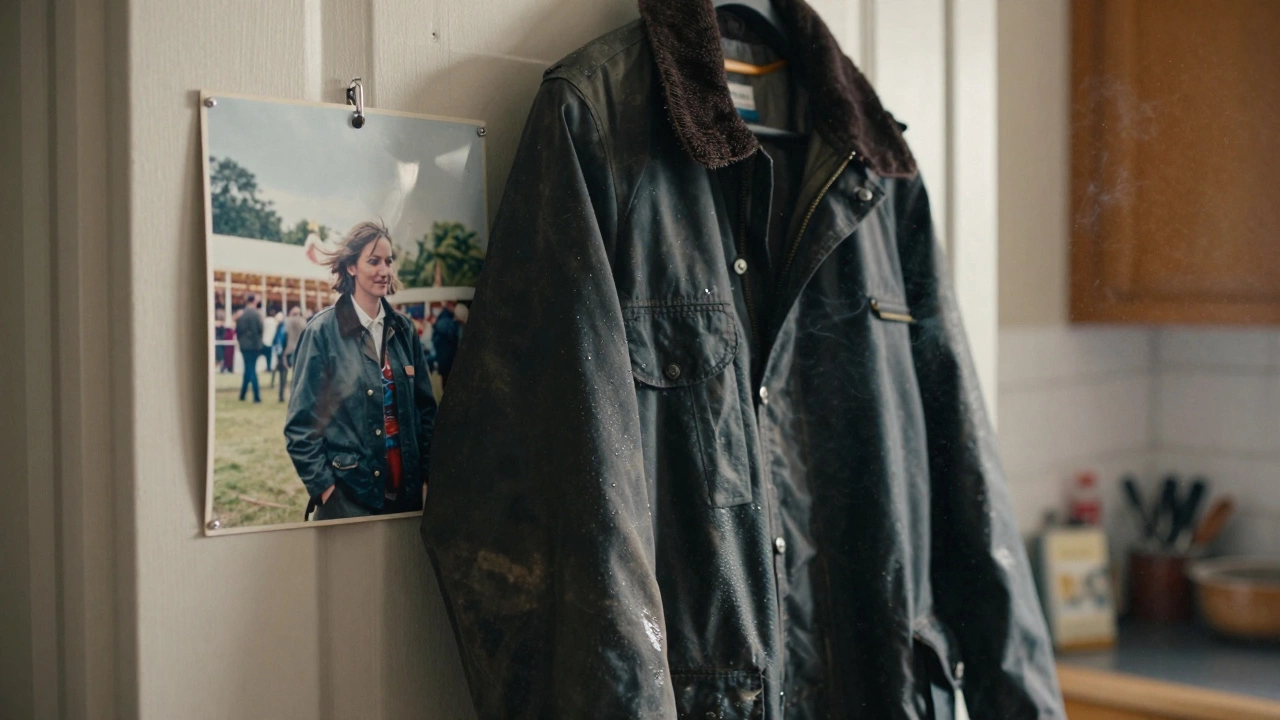 A worn Barbour jacket hanging on a kitchen door with a faded photo beside it.