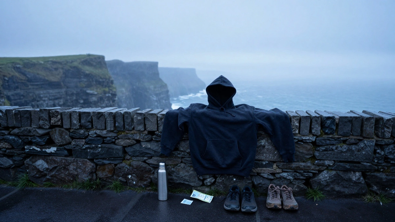An empty hoodie draped on a stone wall at the Cliffs of Moher, with weather-worn shoes and a thermos nearby.