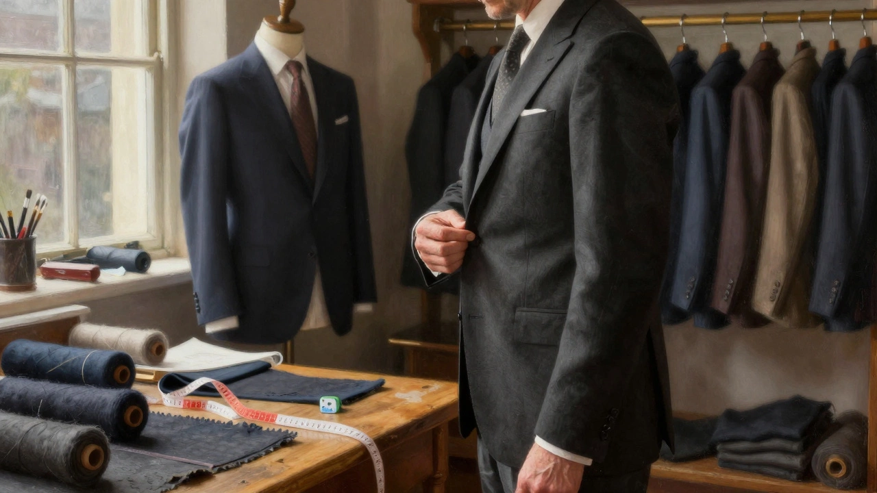 An Irish tailor pins a suit sleeve in a cozy workshop, bolts of wool and measuring tools visible in soft sunlight.