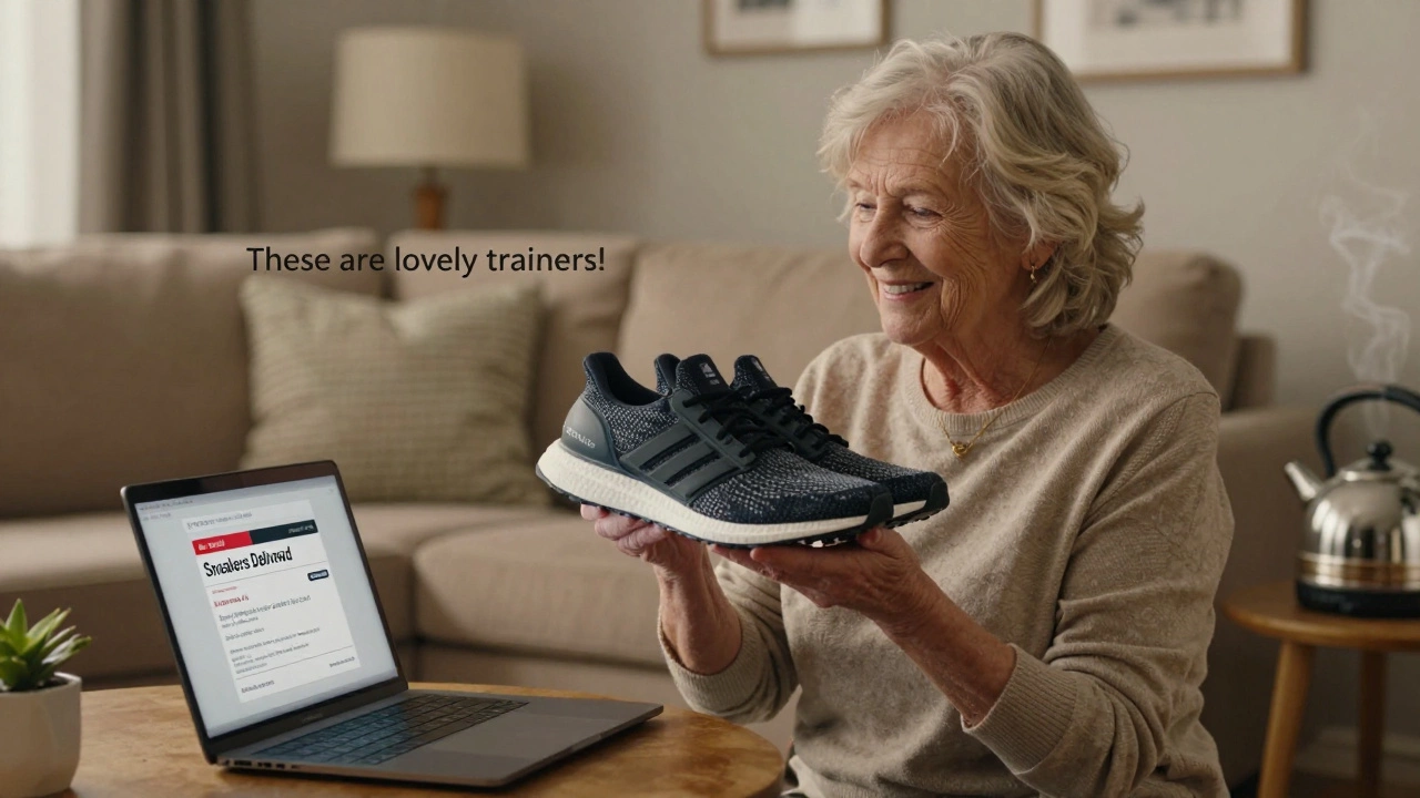 An Irish woman smiling while holding new athletic shoes, with a Canadian shipping label visible on a laptop screen.