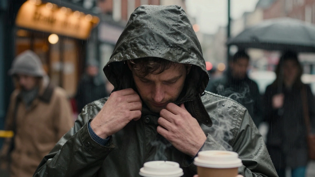 Close-up of hands adjusting a waxed cotton jacket hood at a Dublin bus stop during rain.