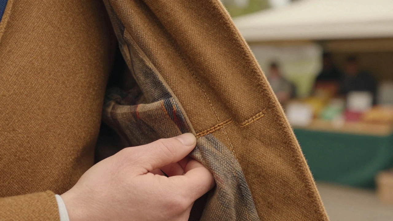 Close-up of hands examining reinforced stitching on a wool jacket with soft flannel lining.