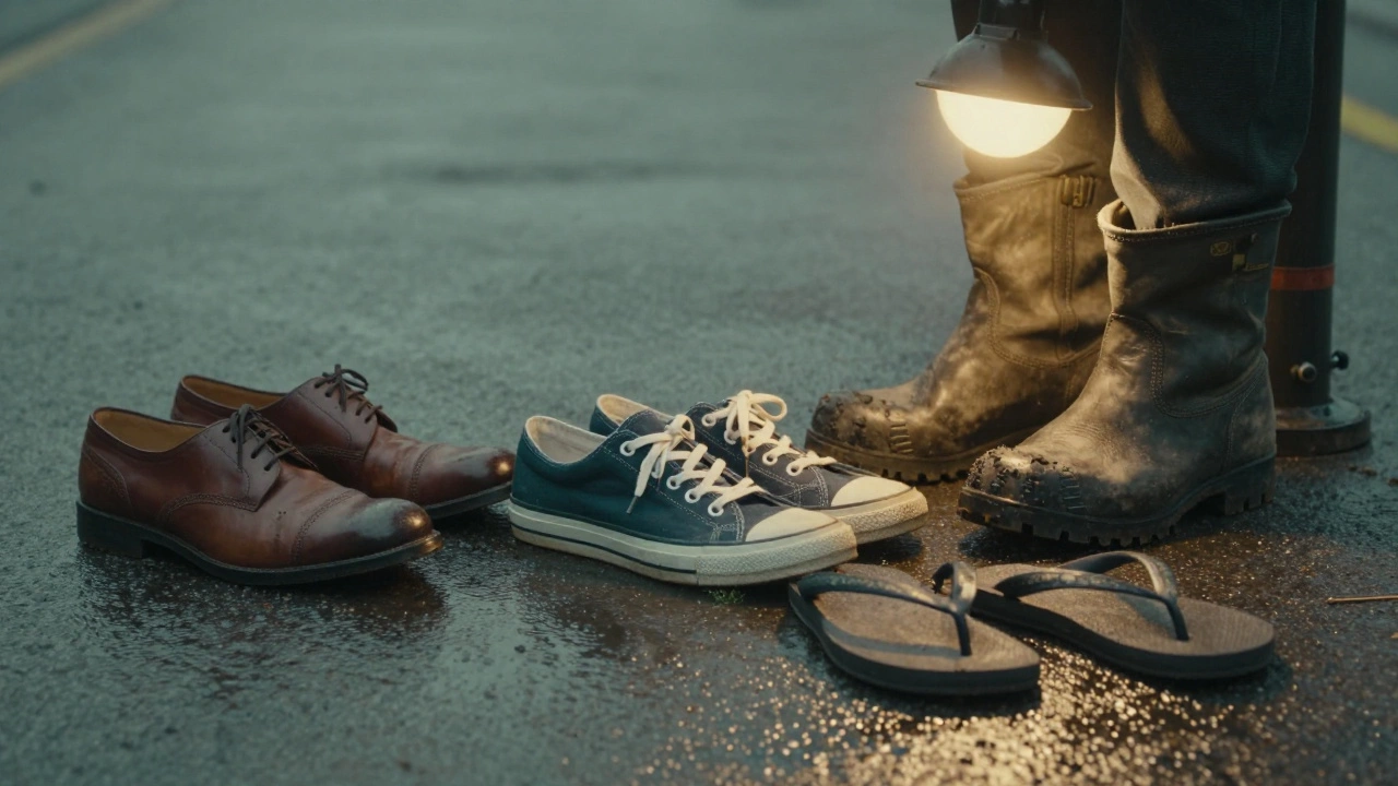 Discarded unsafe shoes in rain beside sturdy waterproof boots