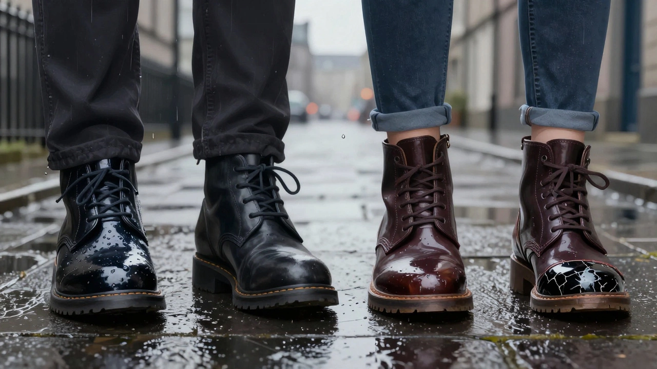 Four types of leather shoes side by side on a rainy sidewalk, showing differences in water resistance and finish.