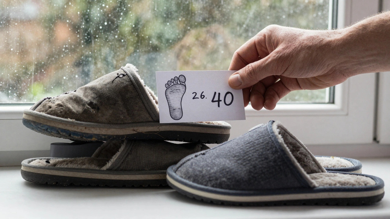 Hand holding a card with foot measurement next to worn-out and new slippers in a rainy Irish home.