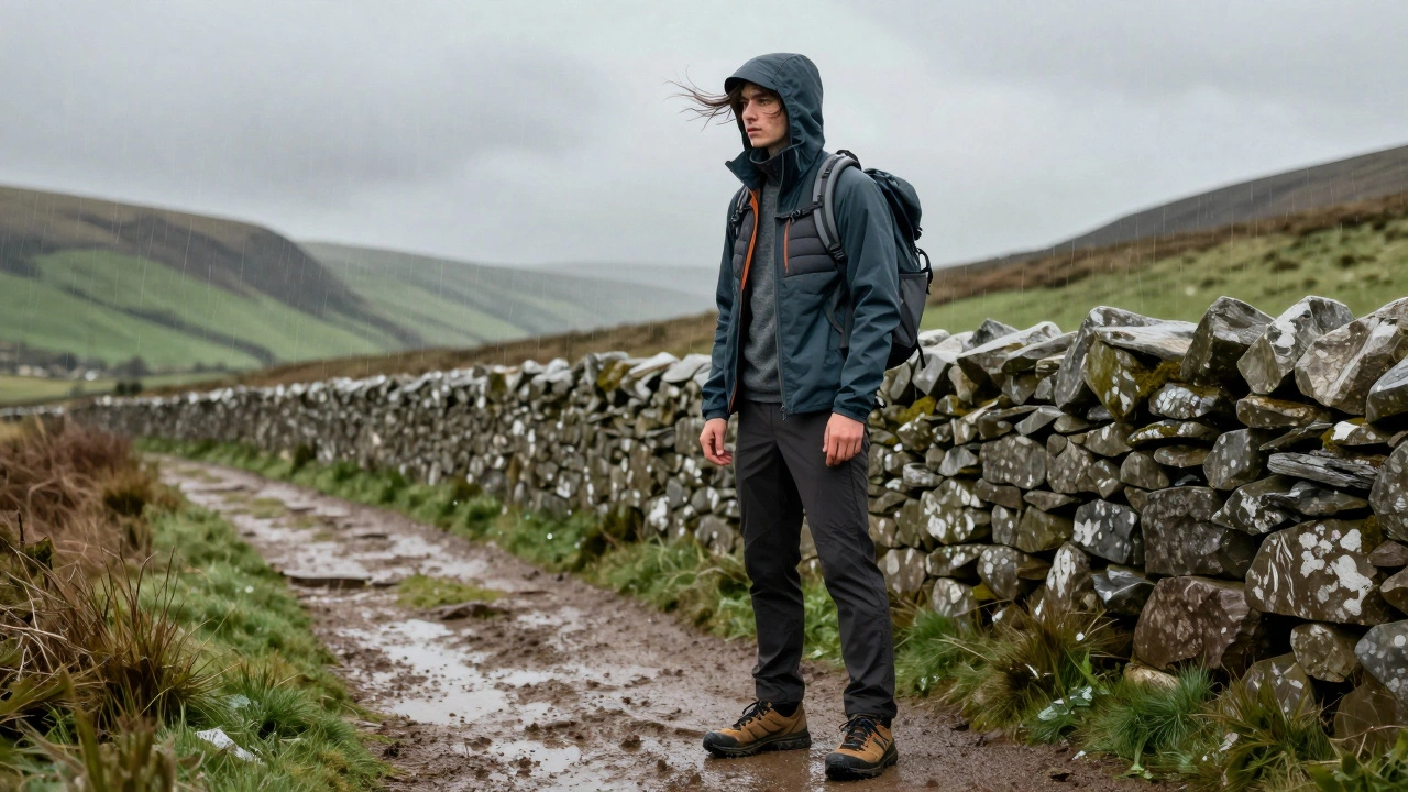 Hiker on a muddy trail in Wicklow wearing layered technical clothing against rain and wind.