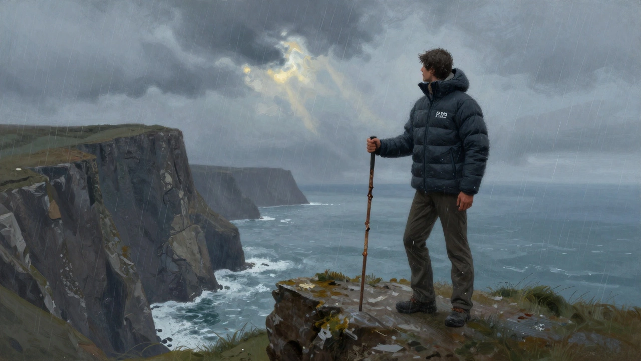 Hiker on a windswept Irish cliff wearing a down jacket as rain lashes sideways