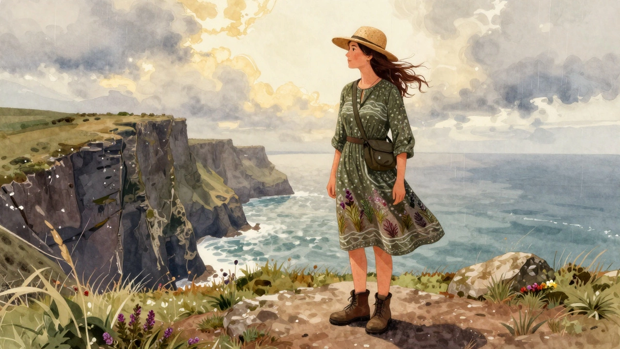 Hiker on coastal cliffs wearing a nature-print dress and boots, protected by a hat and crossbody bag.