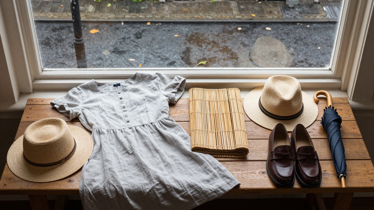 Irish summer wardrobe laid out: dress, cardigan, hat, shoes, and umbrella beside a rainy window.