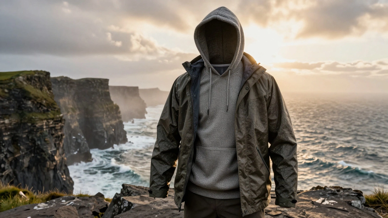 Irish tweed hoodie layered for weather protection on the Cliffs of Moher in misty wind.