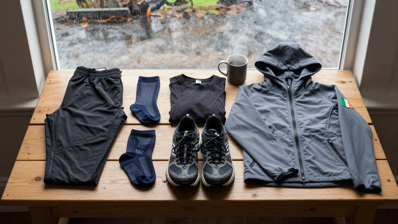 Minimalist Irish sportswear laid out on a bench with rain on the window, symbolizing practical outdoor gear.