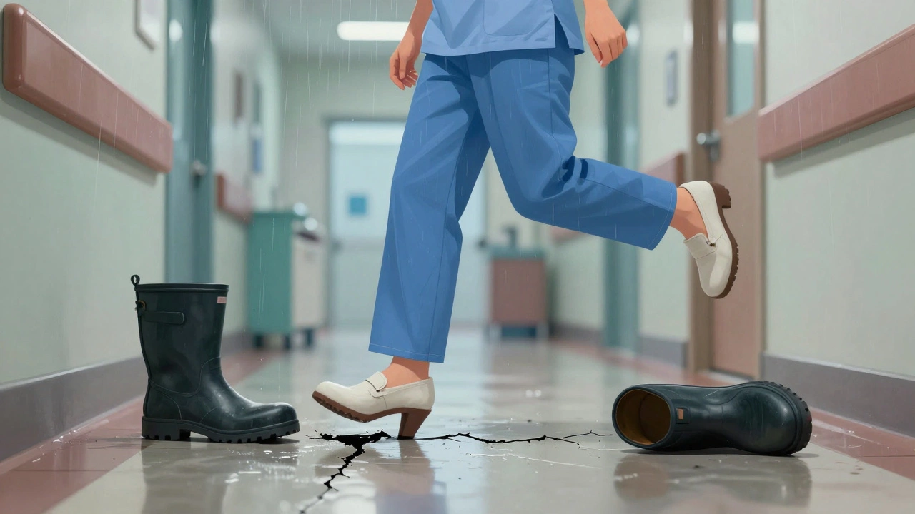 Nurse with broken high heel on wet sidewalk, work boot nearby