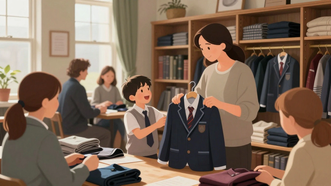 Parent and child sorting through secondhand school uniforms at a library swap event in Galway.