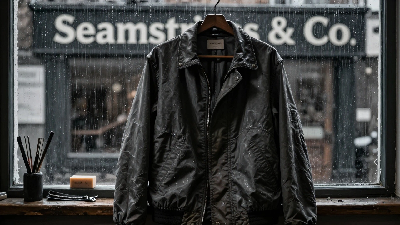 Repair workshop with jacket on hook, tools beside it, rain streaking the window.