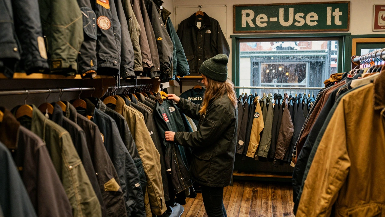 Shelves of vintage Irish jackets in a Galway secondhand shop with warm lamplight.