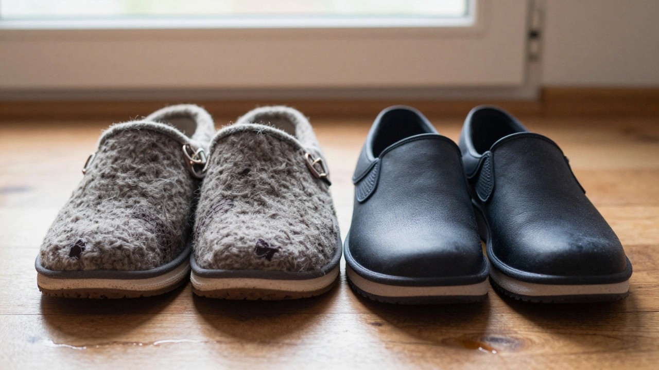 Side-by-side Irish-made slippers on wooden floor with water stain beneath.