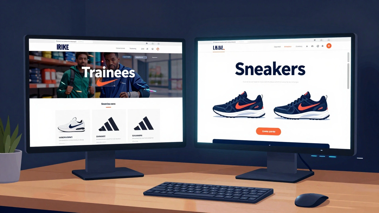 Split-screen comparison of Irish and Canadian online shoe stores showing the same footwear labeled differently.