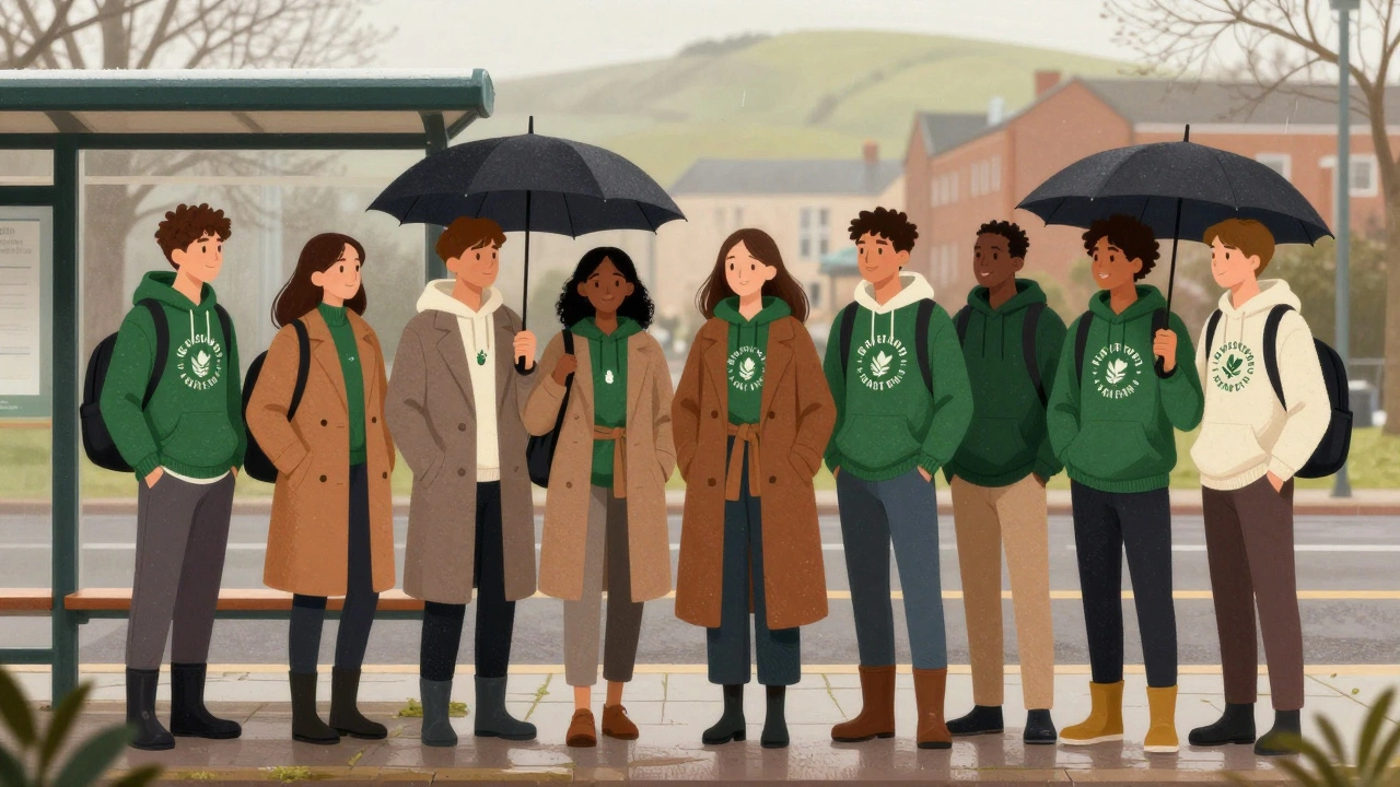 Students in Irish-made hoodies at a Limerick campus, layered coats and waterproof gear.