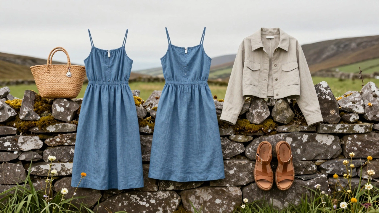 Three essential Irish summer clothing items arranged on a stone wall with wildflowers and natural light.